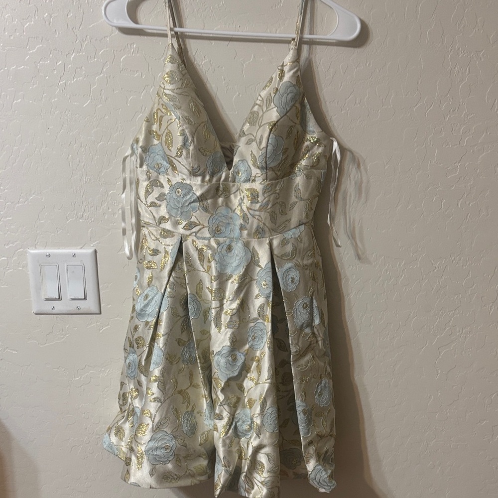 B Darlin Cream Dress with Light Blue Floral and Gold Accents